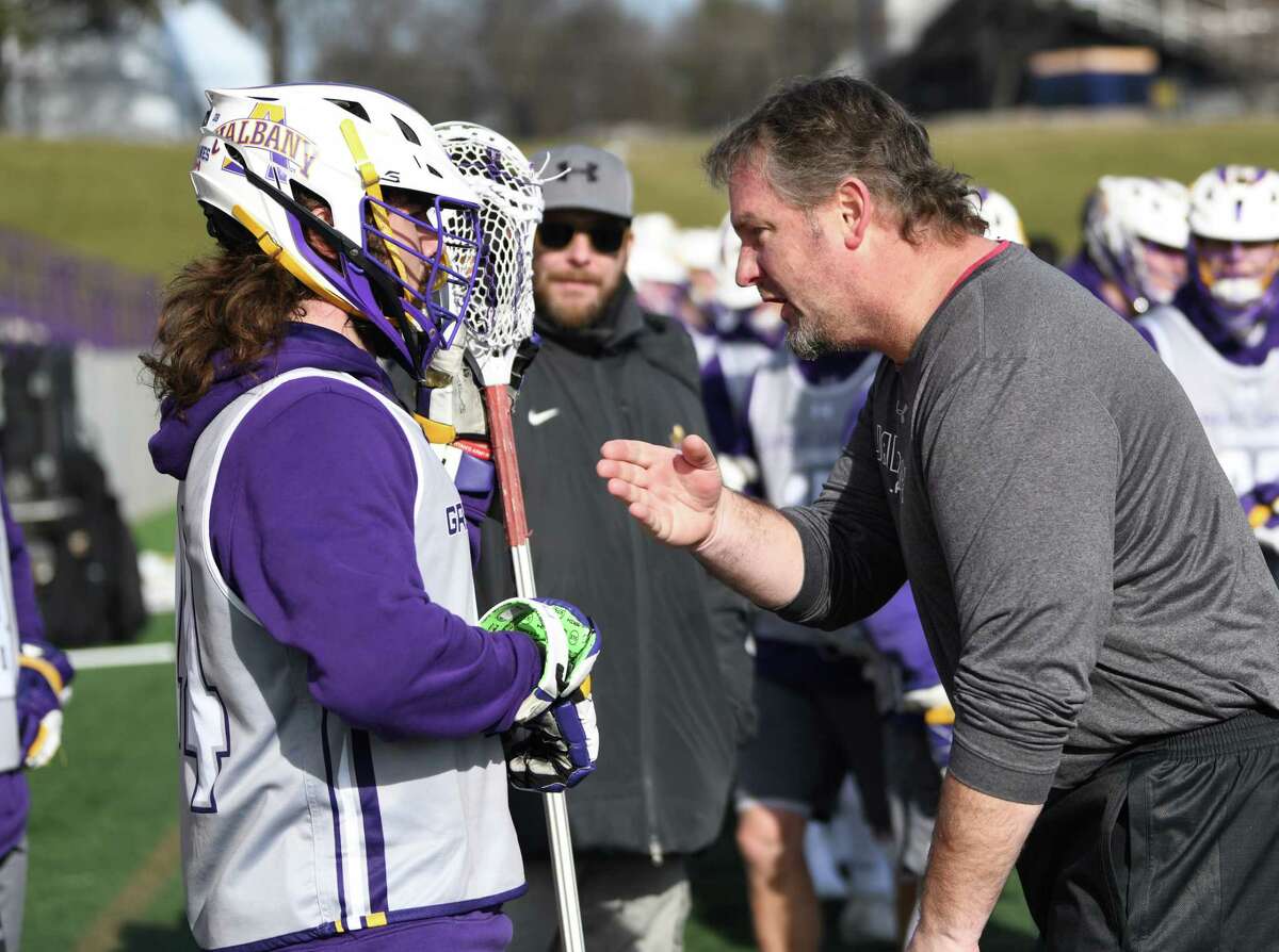 University at Albany lacrosse head coach Scott Marr is seen talking to Pat Barrow during a scrimmage with St. John's at Casey Stadium on Thursday, Jan. 30, 2020 in Albany, N.Y. (Lori Van Buren/Times Union)