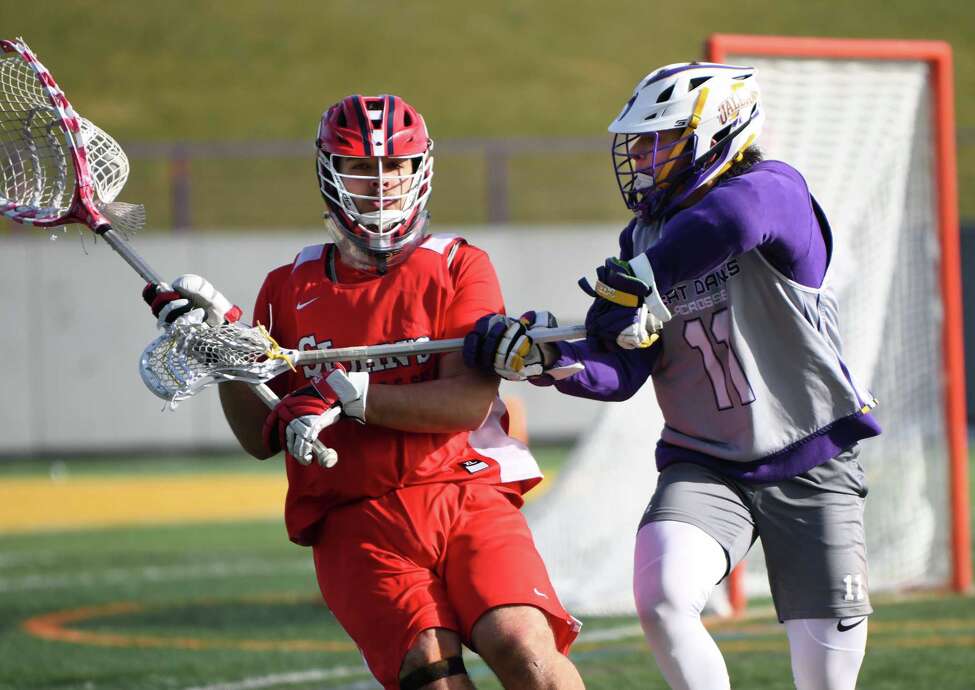 University at Albany's Corey Yunker, right, is seen during a scrimmage with St. John's at Casey Stadium on Thursday, Jan. 30, 2020 in Albany, N.Y. (Lori Van Buren/Times Union)