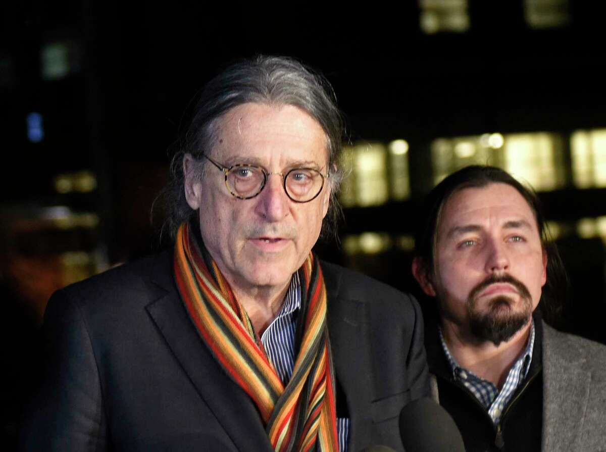 Fotis Dulos' attorney Norm Pattis, left, speaks beside attorney Kevin Smith outside a New York hospital where their client died on Jan. 30.