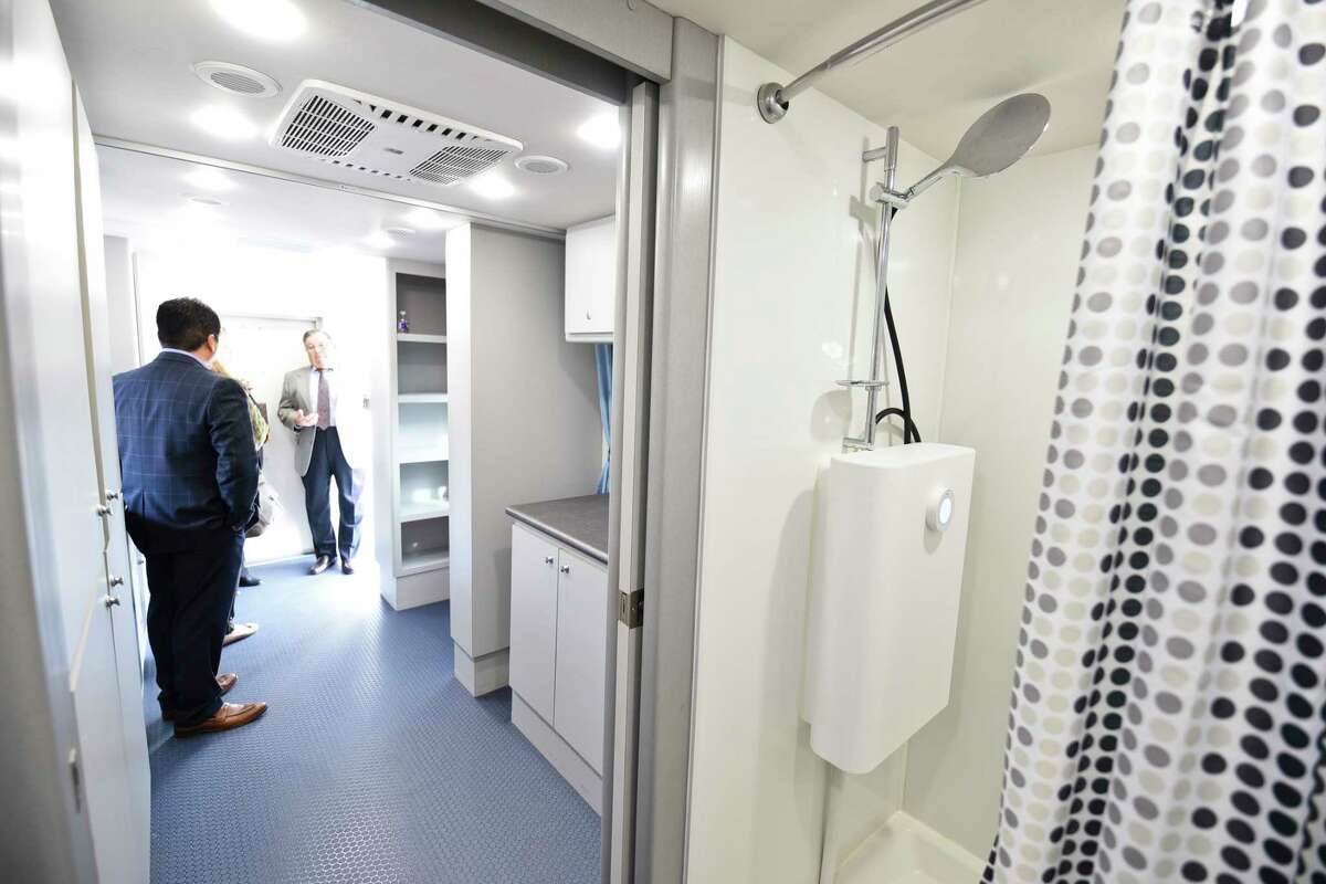 An interior view of the 180 Fueling Souls Mobile Shower Unit on display, Tuesday, Dec. 11, 2018, outside the Barbara Kazen Center of Hope at Bethany House of Laredo.