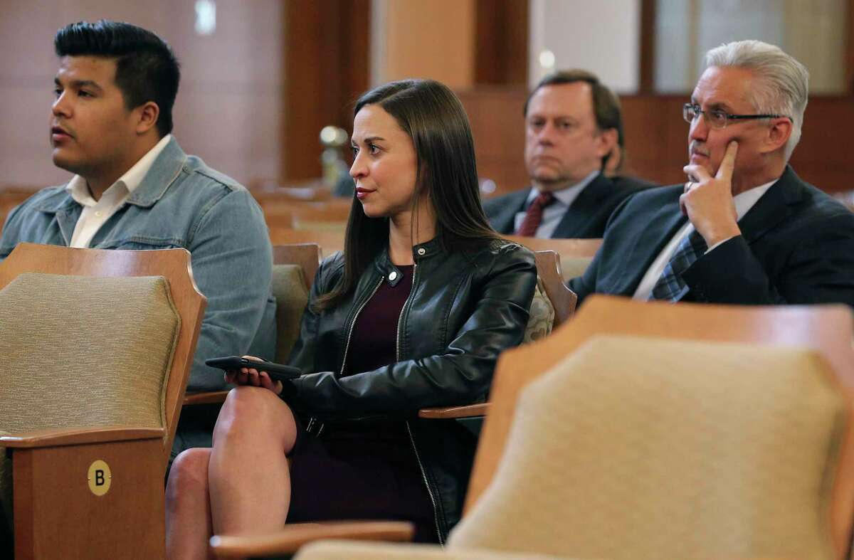 Judge Monique Diaz, center, of the 150th Civil District Court, attends a Jan. 30, 2020, briefing to the City Council by Melody Woosley, director San Antonio’s Department of Human Services, on how the city should spend $500,000 in funding to address the issue of domestic violence in the city.