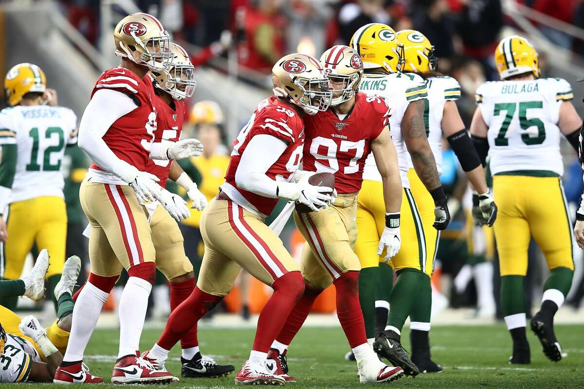 Santa Clara, California, USA. 17th Nov, 2019. San Francisco defensive  tackle DeForest Buckner (99)San Francisco 49ers defensive end Arik Armstead  (91) celebrate there take down of Cardinals quarterback Kyler Murray during  the