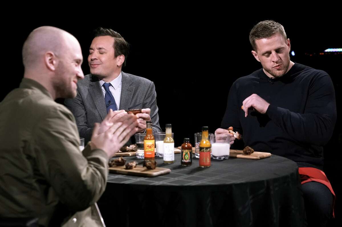 PHOTOS: More from J.J. Watt's appearance on "The Tonight Show Starring Jimmy Fallon" The Texans' J.J. Watt and Jimmy Fallon played a round of "Hot Ones" with the host of the show Sean Evans as they tried to answer questions while eating unbelievably spicy chicken wings on The Tonight Show Starring Jimmy Fallon on Thursday, Jan. 30, 2020. Browse through the photos above to see more of J.J. Watt's appearance on the late-night show ...
