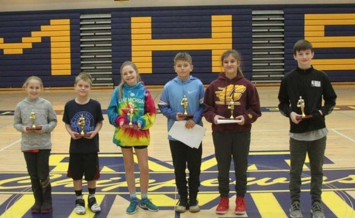 Winners in the Manistee Elks Lodge local Hoop Shoot Contest are (left to right): Melodie Stove (girls 8-9 age), Ryder Girven (boys 8-9 age), Lindsey Gardner (girls 10-11 age), Dalton Mobley (boys 10-11 age), Paige Gutowski (girls 12-13 age) and Matthew Burkhart (boys 12-13 age). 