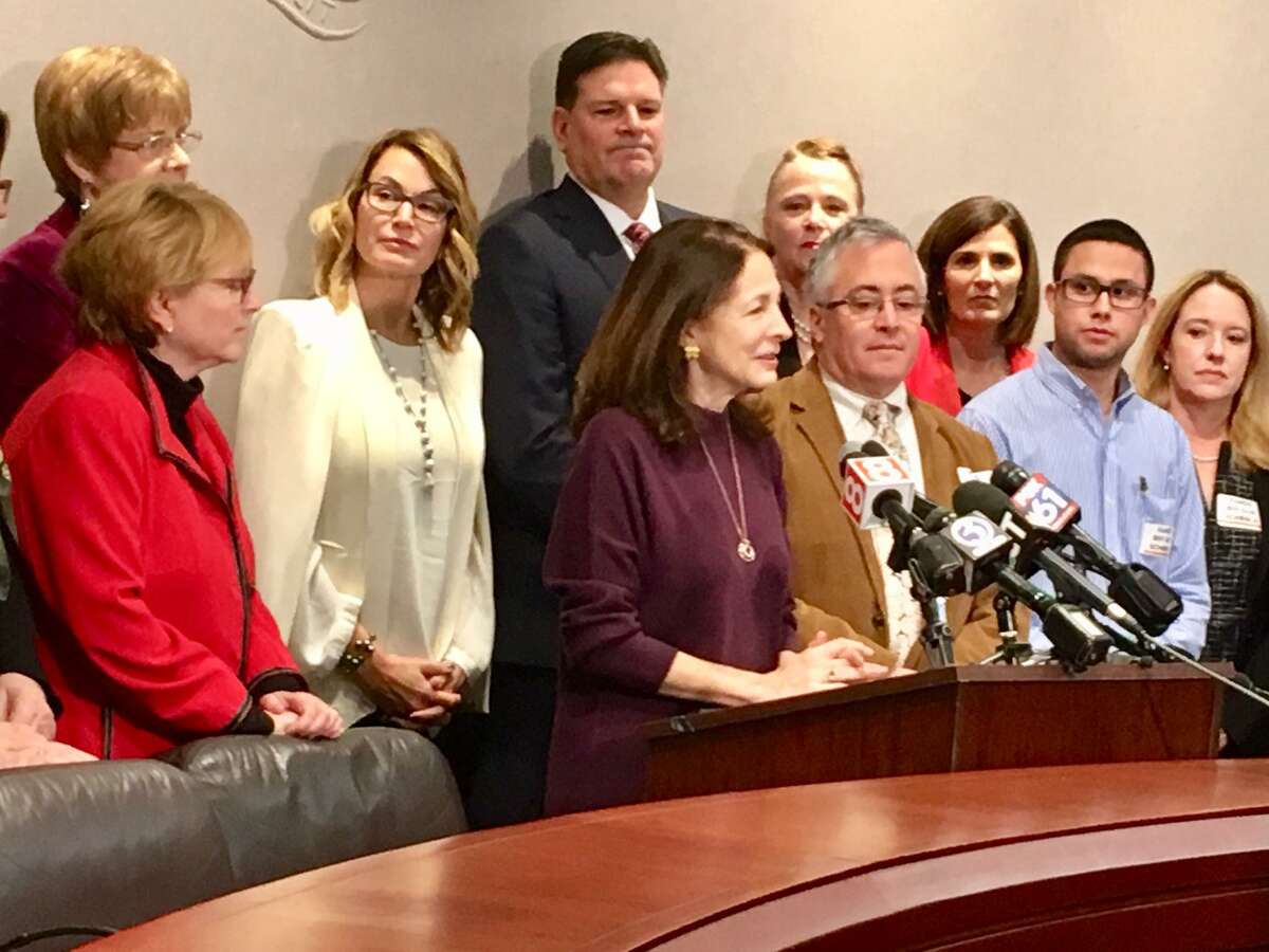 A press conference staged by state. Rep. Gail Lavielle, R-Wilton, in opposition to what she sees as a forced school regionalization effort in 2019.