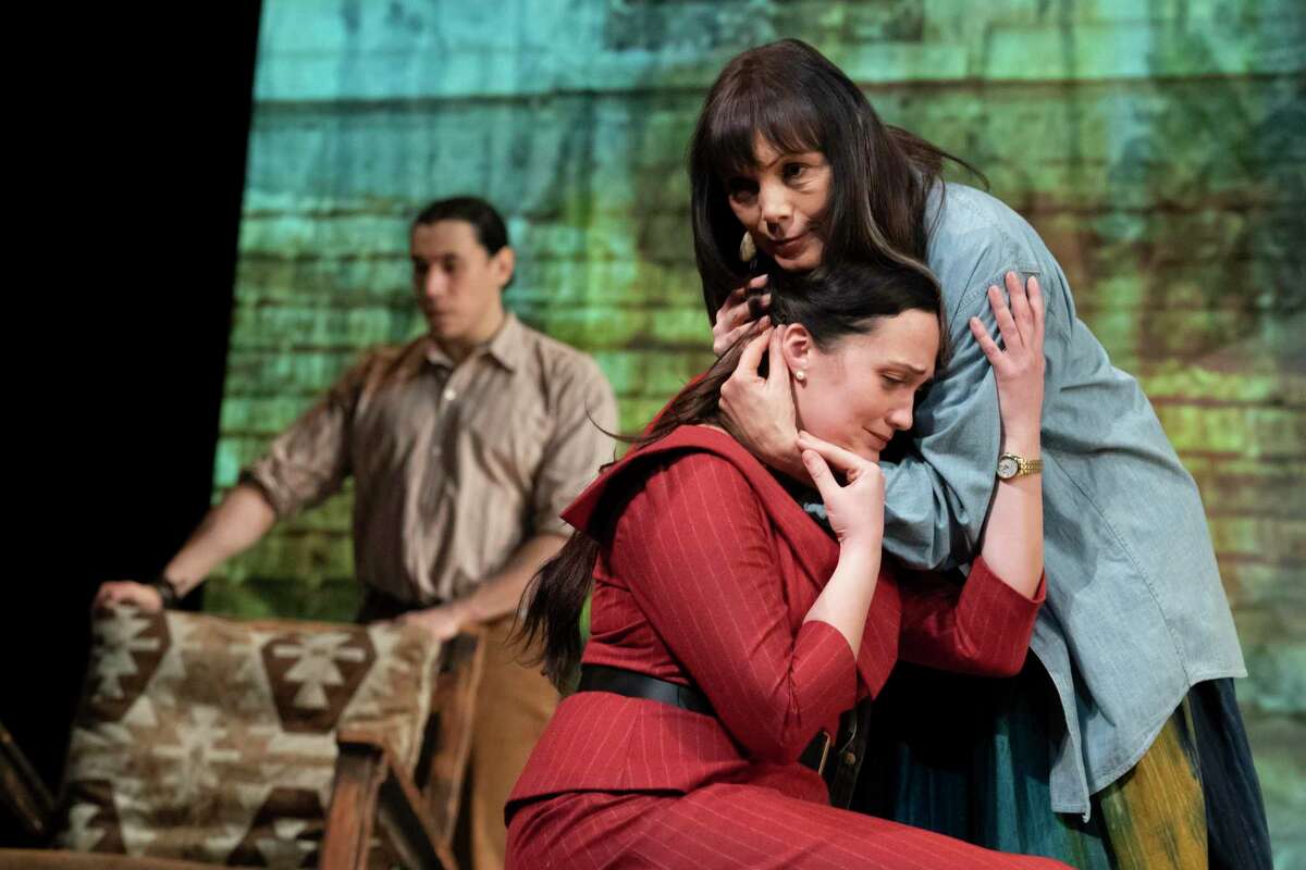 Lily Gladstone, seated, and Carla-Rae in “Manahatta” at Yale Rep.