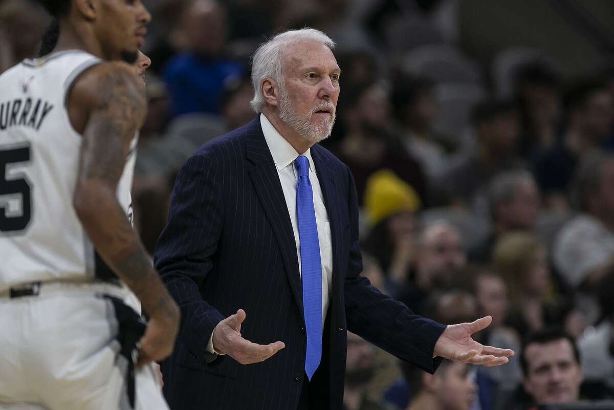 Spurs head coach Gregg Popovich questions a call against the Toronto Raptors at the AT&T Center on Jan. 26. On Friday, Popovich criticized President Donald Trump's response to the coronavirus crisis.