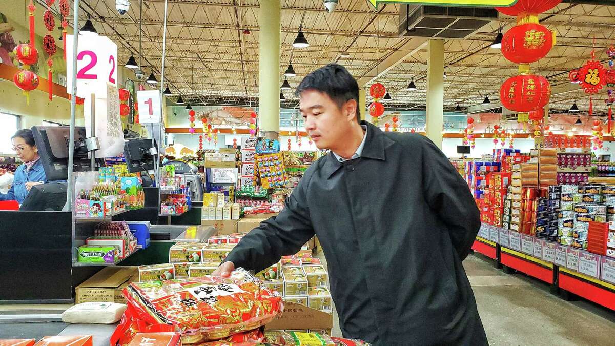 Owner Feng Chen, inside his Jusgo Supermarket at 9280 Bellaire Blvd. in Chinatown, Houston, Texas on Jan. 31, 2020. Local community leaders and business owners are expected to attend a public health forum at the Chinese Community Center tonight to address rumors about a coronavirus outbreak and prevention efforts.