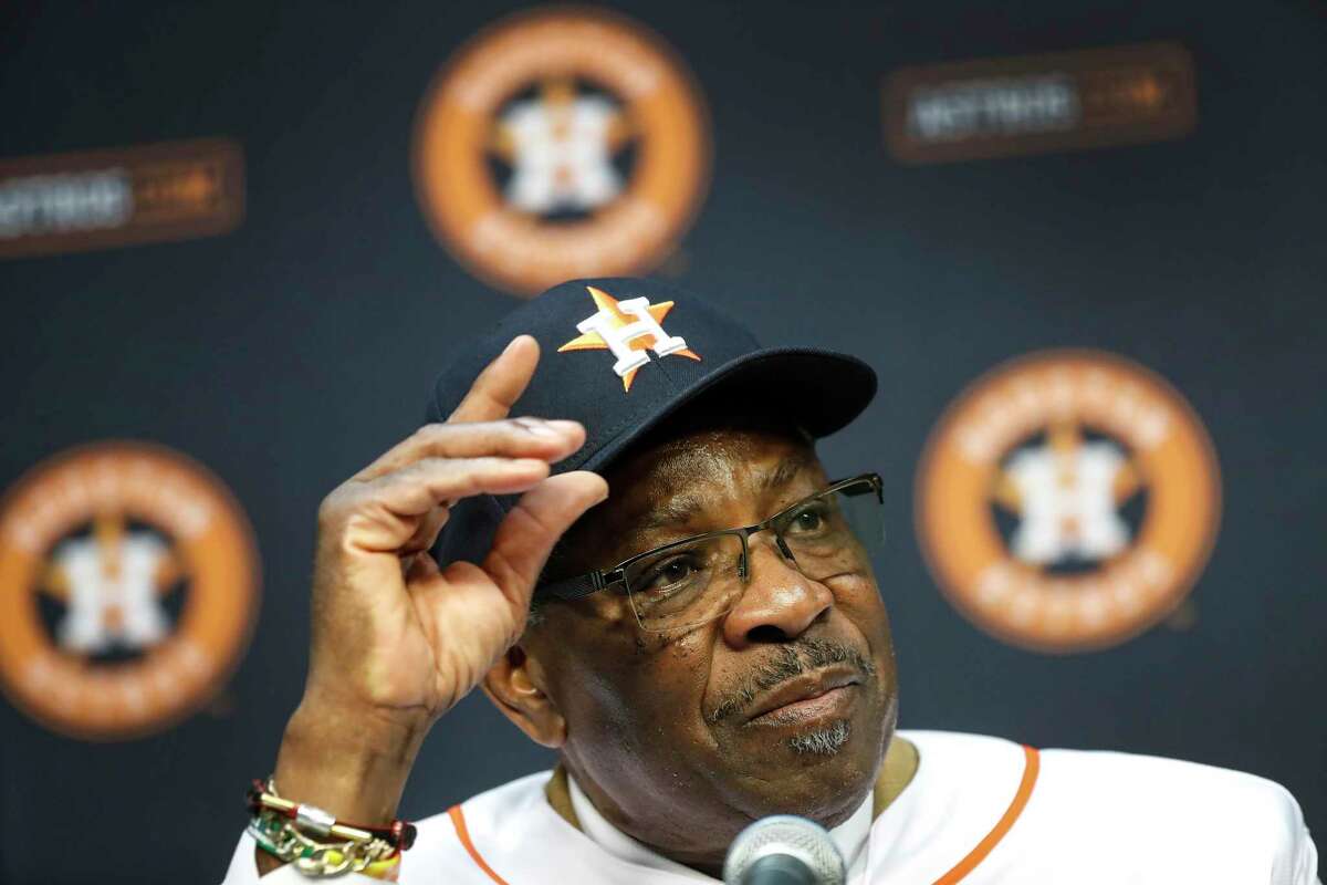 Dusty Baker speaks to the media, after being introduced by owner Jim Crane, as the Houston Astros new manager at Minute Maid Park, in Houston, Thursday, Jan. 30, 2020.