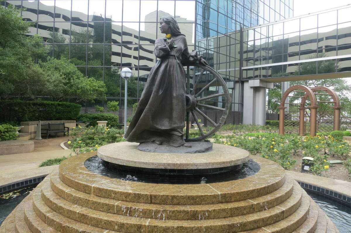 A statue of “Emily Morgan” — the Yellow Rose of Texas — by Veryl Goodnight stands amid a garden of yellow roses in an office complex across the street from Memorial City Mall in Houston. This likeness is Goodnight’s rendition; no images of Morgan are known to exist. Her true name was Emily D. West, and she was a free woman of color from New Haven, Connecticut.