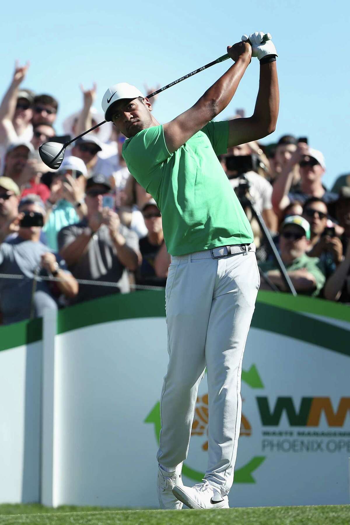 SCOTTSDALE, ARIZONA - FEBRUARY 01: Tony Finau plays a tee shot on the 11th hole during the third round of the Waste Management Open at TPC Scottsdale on February 01, 2020 in Scottsdale, Arizona. (Photo by Christian Petersen/Getty Images)