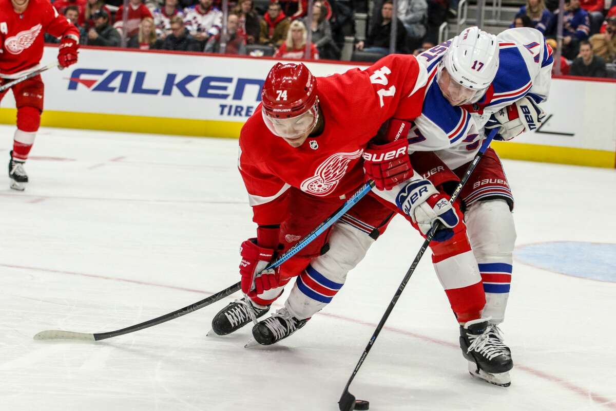 The Detroit Red Wings face off against the New York Rangers at Little Caesars Arena on Saturday, Feb. 1, 2020.