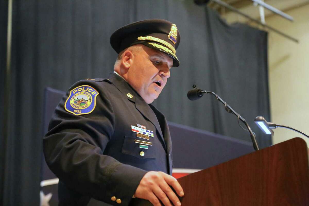 Chief Foti Koskinas shares opening remarks at the Westport Police Department's inaugural Service Awards Ceremony on Wednesday, Jan. 29, 2020, at Town Hall in Westport, Conn.