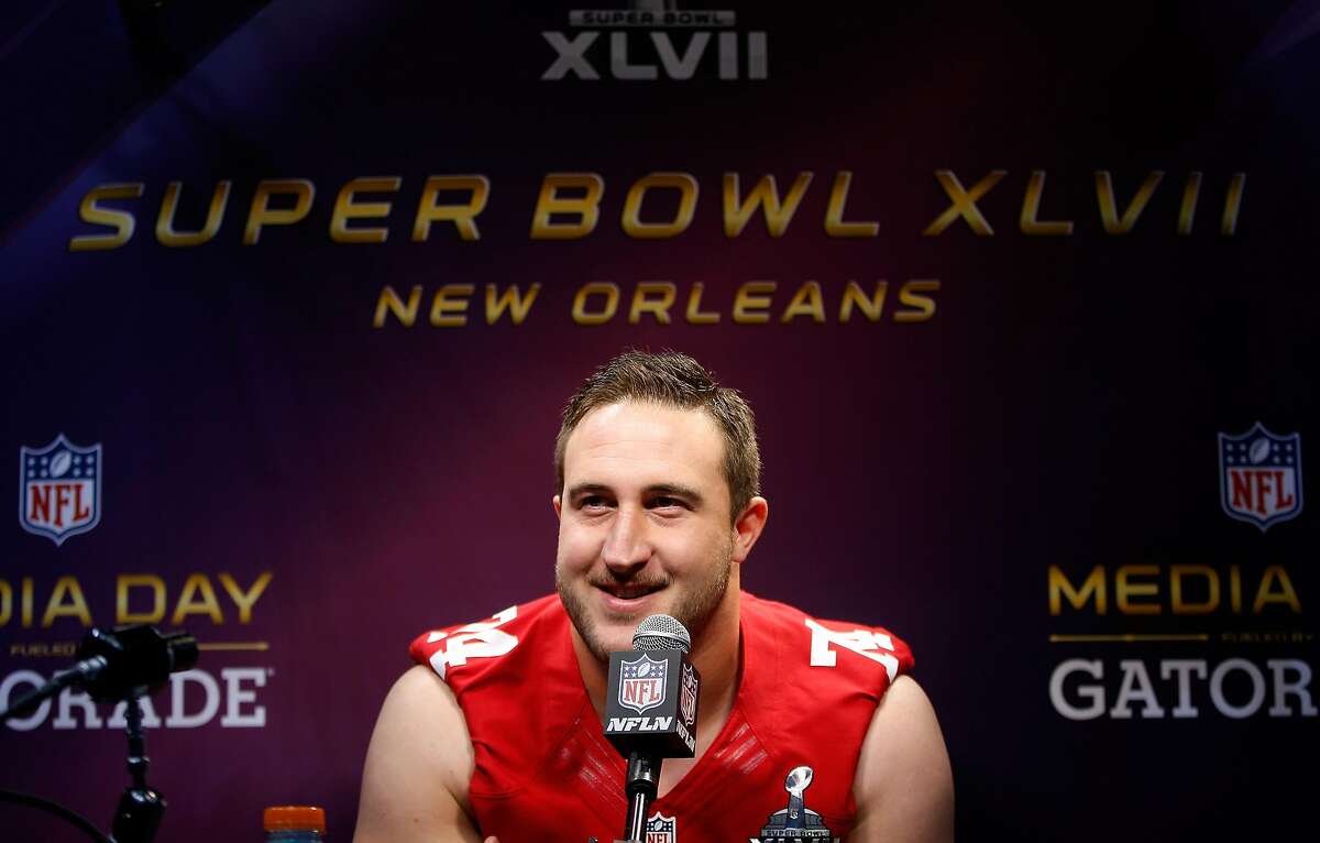 NEW ORLEANS, LA - JANUARY 29: Joe Staley #74 of the San Francisco 49ers answers questions from the media during Super Bowl XLVII Media Day ahead of Super Bowl XLVII at the Mercedes-Benz Superdome on January 29, 2013 in New Orleans, Louisiana. The San Francisco 49ers will take on the Baltimore Ravens on February 3, 2013 at the Mercedes-Benz Superdome. (Photo by Chris Graythen/Getty Images)
