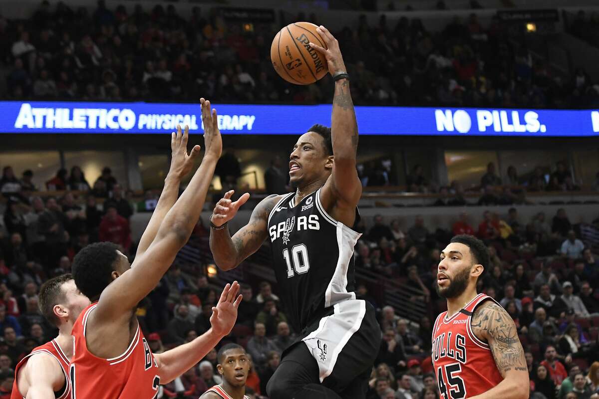 San Antonio Spurs forward DeMar DeRozan (10) goes to the basket against the Chicago Bulls during the second half of an NBA basketball game Monday, Jan. 27, 2020, in Chicago. (AP Photo/David Banks)