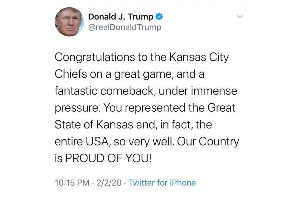 President Donald Trump tweeted congratulations to the state of Kansas after the Chiefs' Super Bowl win. The Chiefs play in Missouri.