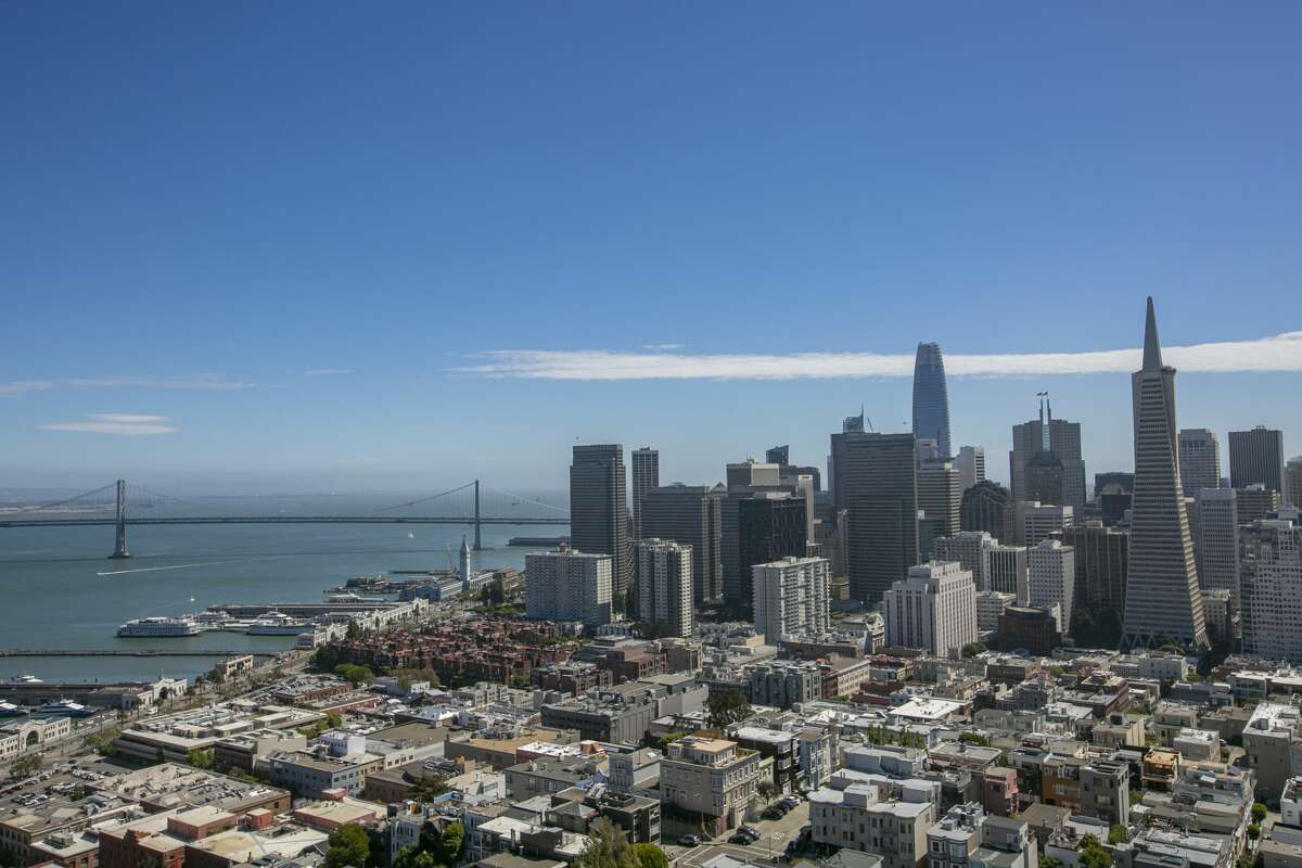 Aerial view of San Francisco business district in California on a sunny day.