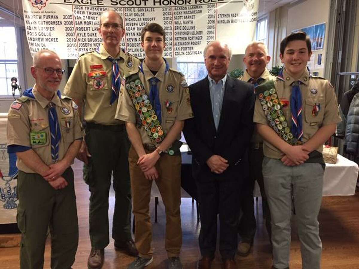 Steve Mortinger (Scoutmaster Troop 19), Dave Grove (Scoutmaster Troop 431), Stephen Nazworth (Eagle Scout), Rudy Marconi, Jim Pratt (Asst. Scoutmaster), Nik Badinelli (Eagle Scout).