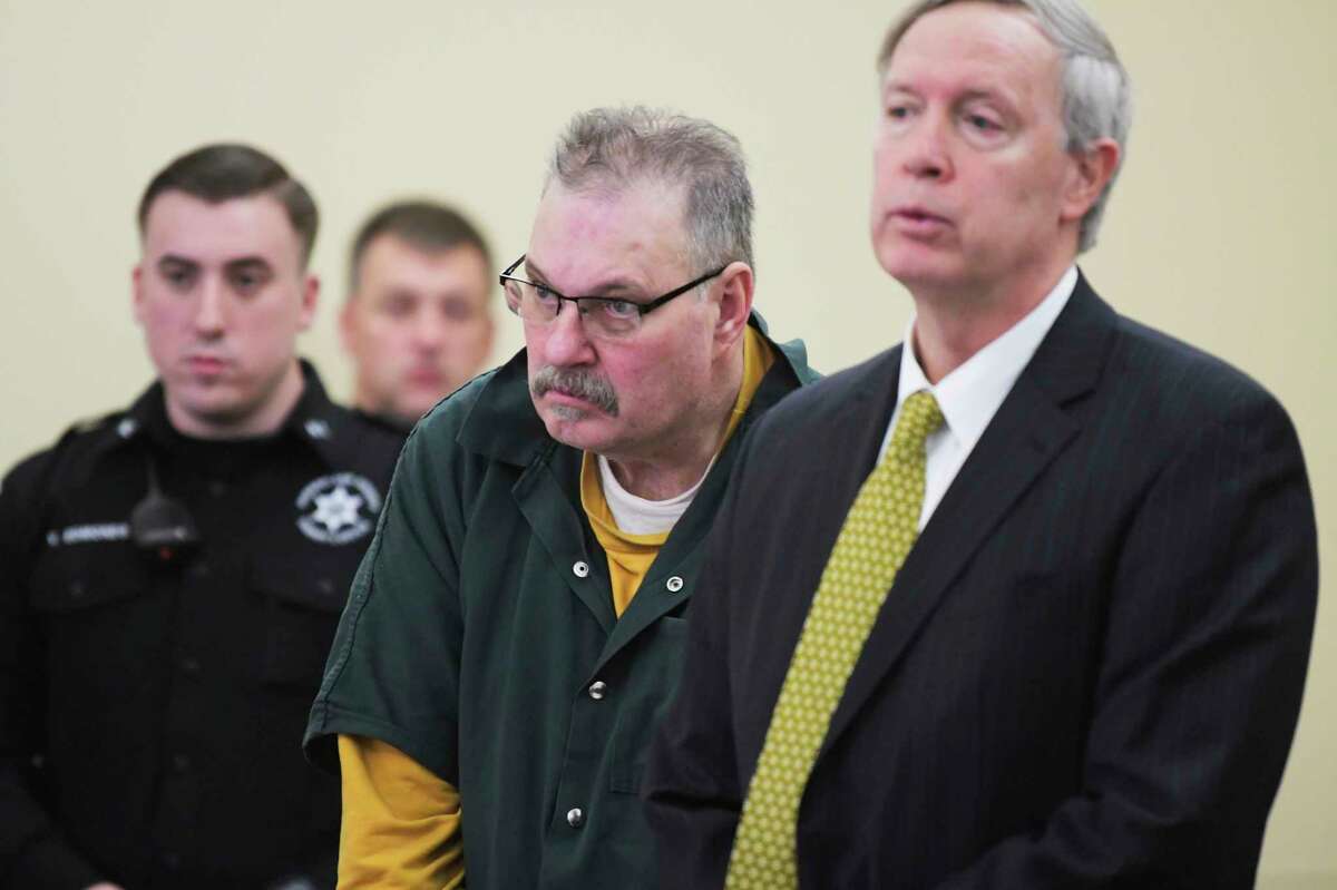 Dennis LePage, left, of Brunswick appears in Rensselaer County Court with his lawyer, assistant public defender, Phil Landry on Monday, Feb. 3, 2020, in Troy, N.Y. LePage is accused of killing a man in San Diego 44 years ago. (Paul Buckowski/Times Union)