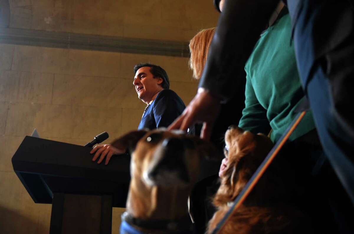 Mohawk-Hudson Human Society dogs, Kerouac and Watson, right, attend a press conference where Sen. Deputy Leader Michael Gianaris, left, announced support for his anti-puppy mill legislation on Monday, Feb. 3, 2020, at the Capitol in Albany, N.Y. The bill would ban the sale of cats, dogs and rabbits in pet stores. (Will Waldron/Times Union)