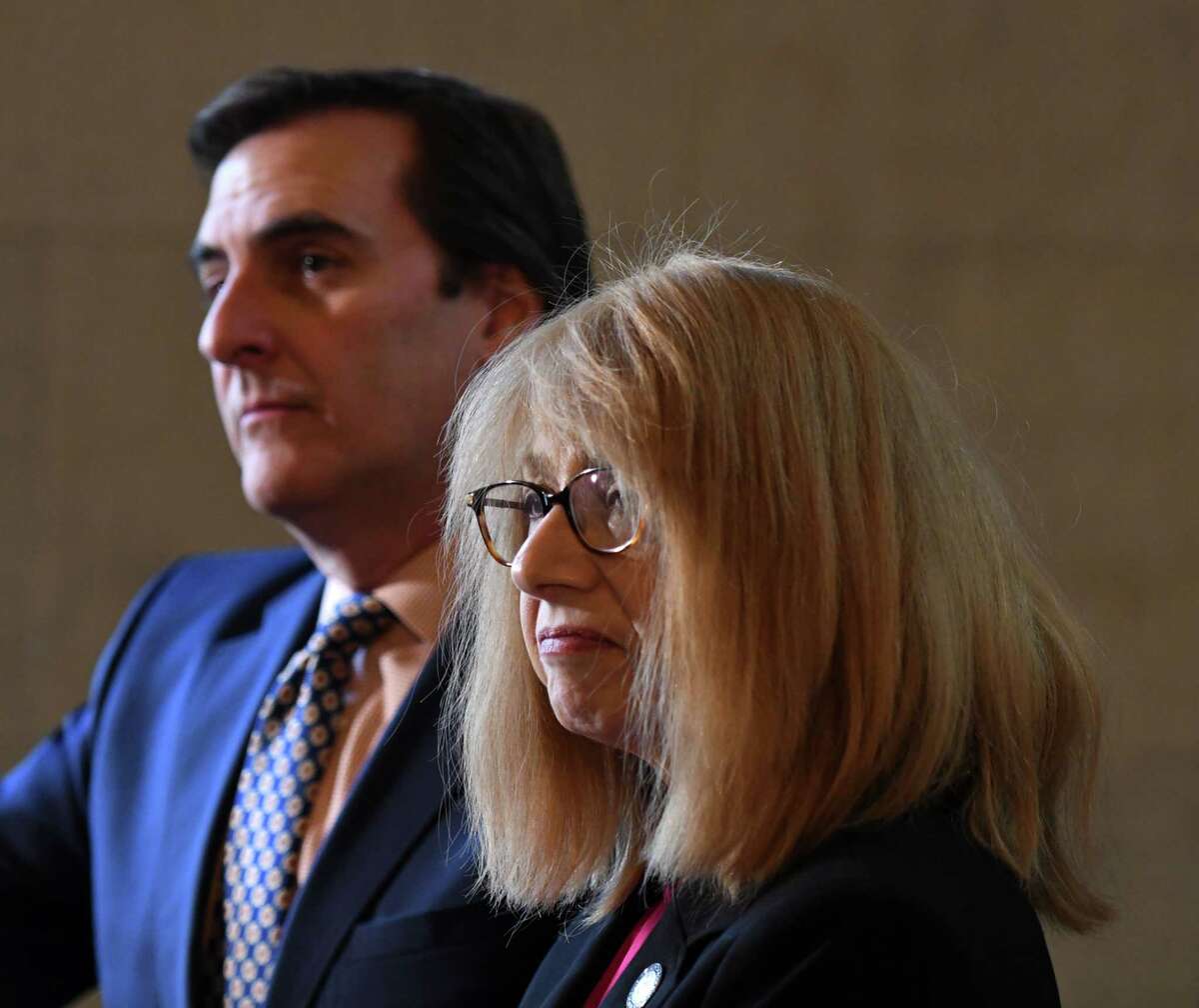 Senate Deputy Leader Michael Gianaris, left, and Assemblywoman Linda Rosenthal answer questions during a press conference where Sen. Gianaris announced support for his anti-puppy mill legislation in 2020 at the Capitol. (Will Waldron/Times Union)