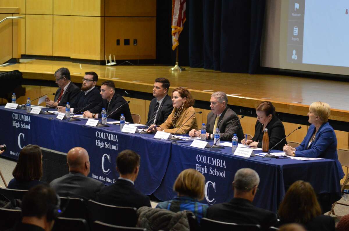 A panel of state assembly members and state senators participate in panel on state aid convened by 10 Capital Region school districts at Columbia High School in East Greenbush on Jan. 30, 2020.
