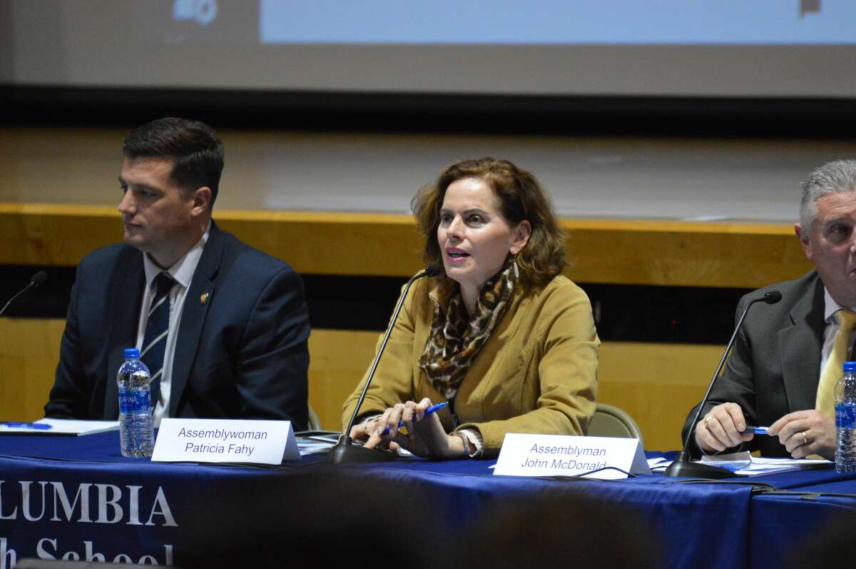 State Assembly members [L-R] Jake Ashby, Patricia Fahy, and John McDonald speak at panel on "school sustainability" at Columbia High School in East Greenbush on Jan. 30, 2020.