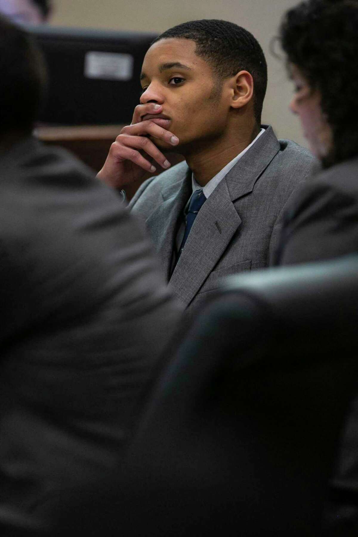 Anton Harris listens to testimony in the 399th State District Court in the Cadena-Reeves Justice Center, Judge Frank J. Castro presiding, during the punishment phase of Anton Harris' trial following a conviction of rape on Feb. 3, 2020.