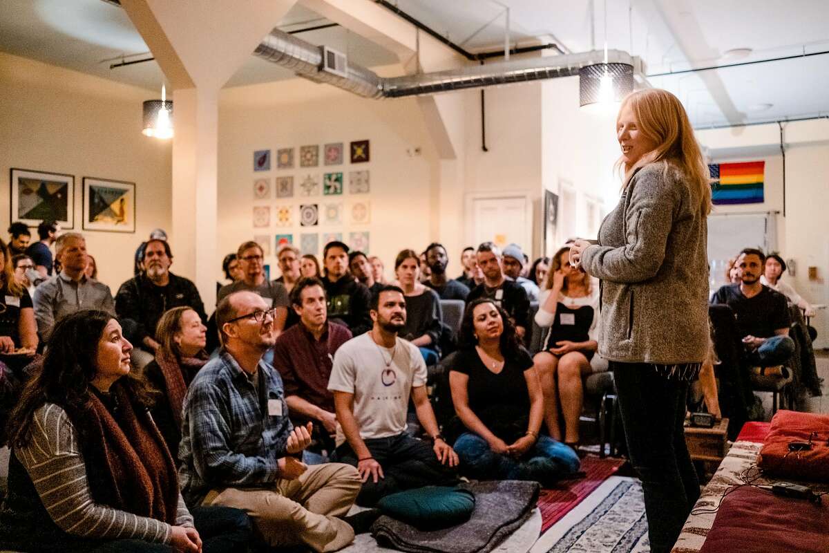The SF Dharma Collective’s Kati Delvaney speaks at a recent event.