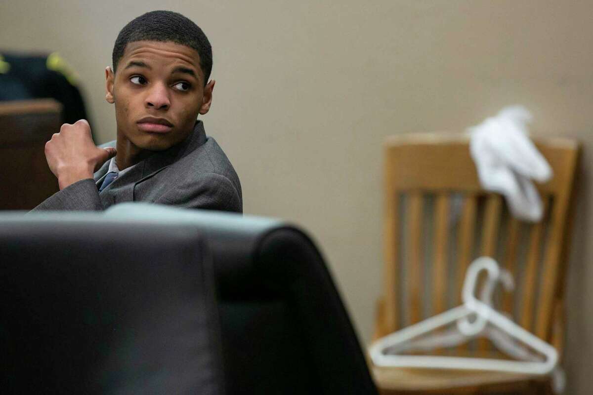Anton Harris looks to the gallery in the 399th State District Court in the Cadena-Reeves Justice Center, Judge Frank J. Castro presiding, during the punishment phase of Harris' trial following a conviction of rape on Feb. 3, 2020.