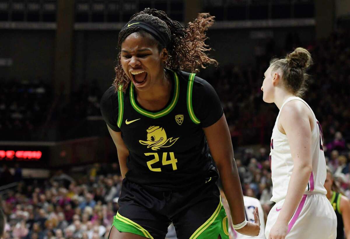 Oregon's Ruthy Hebard reacts in the second half of an NCAA college basketball game against Connecticut, Monday, Feb. 3, 2020, in Storrs, Conn.