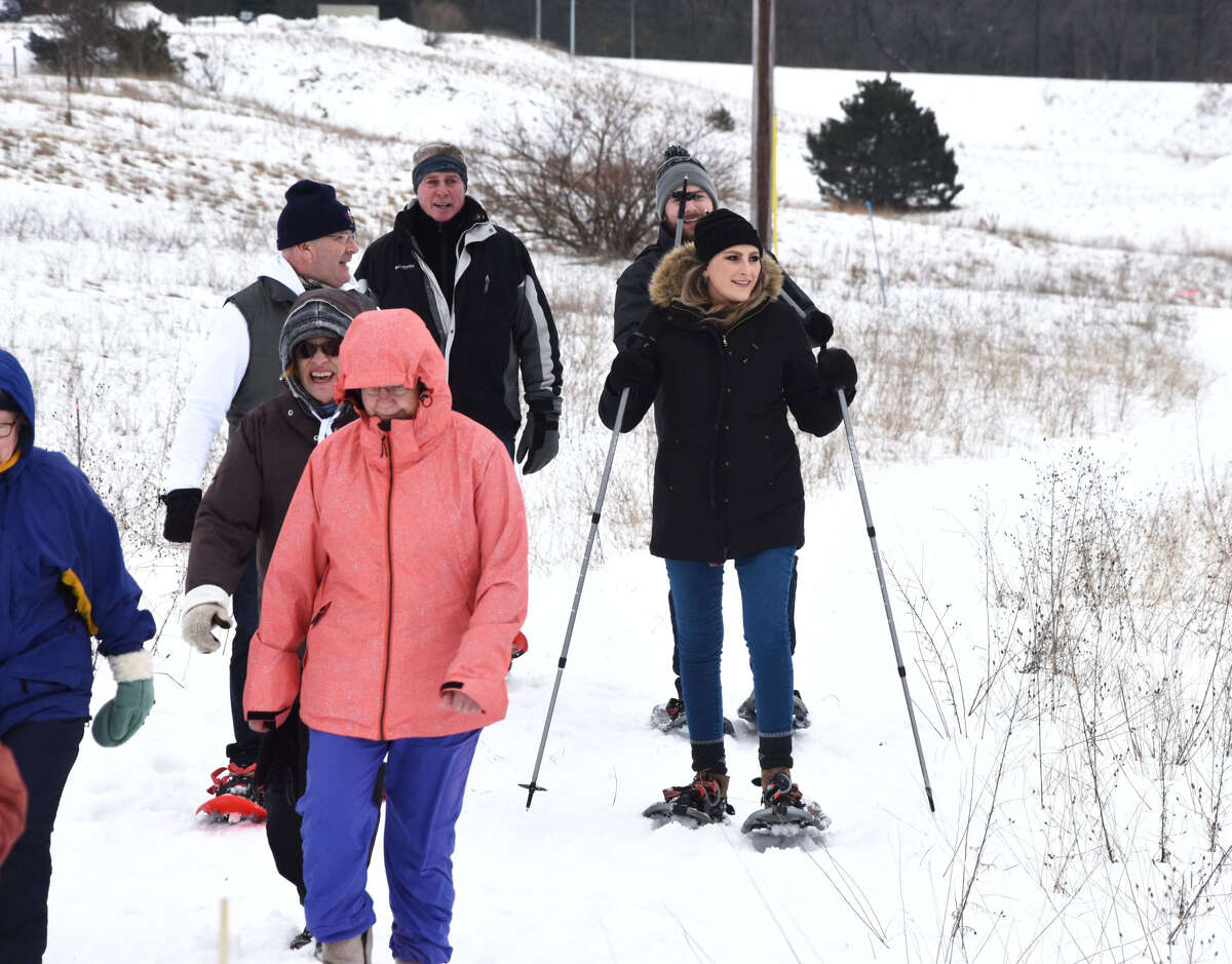About 45 people signed up to walk in the Snowshoe Stampede that took place south of West Merkey Road in Manistee. The event also featured a chili cookoff, live music and a corn hole tournament at the Veterans of Foreign Wars building on 28th Street Saturday.