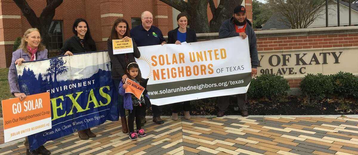 Advocates of solar energy met at Katy City Hall Jan. 30 to promote upcoming workshops on the alternative form of energy, From left are Dori Wolfe of Solar United Neighbors; Jen Schmerling, deputy director, Environment Texas; parent Silva Sherman and her daughter Amalee; Norm Whitton, a Katy solar user; Hannah Mitchell, program director, Solar United Neighbors of Texas; and David Rosa of Houston Renewable Energy Group.