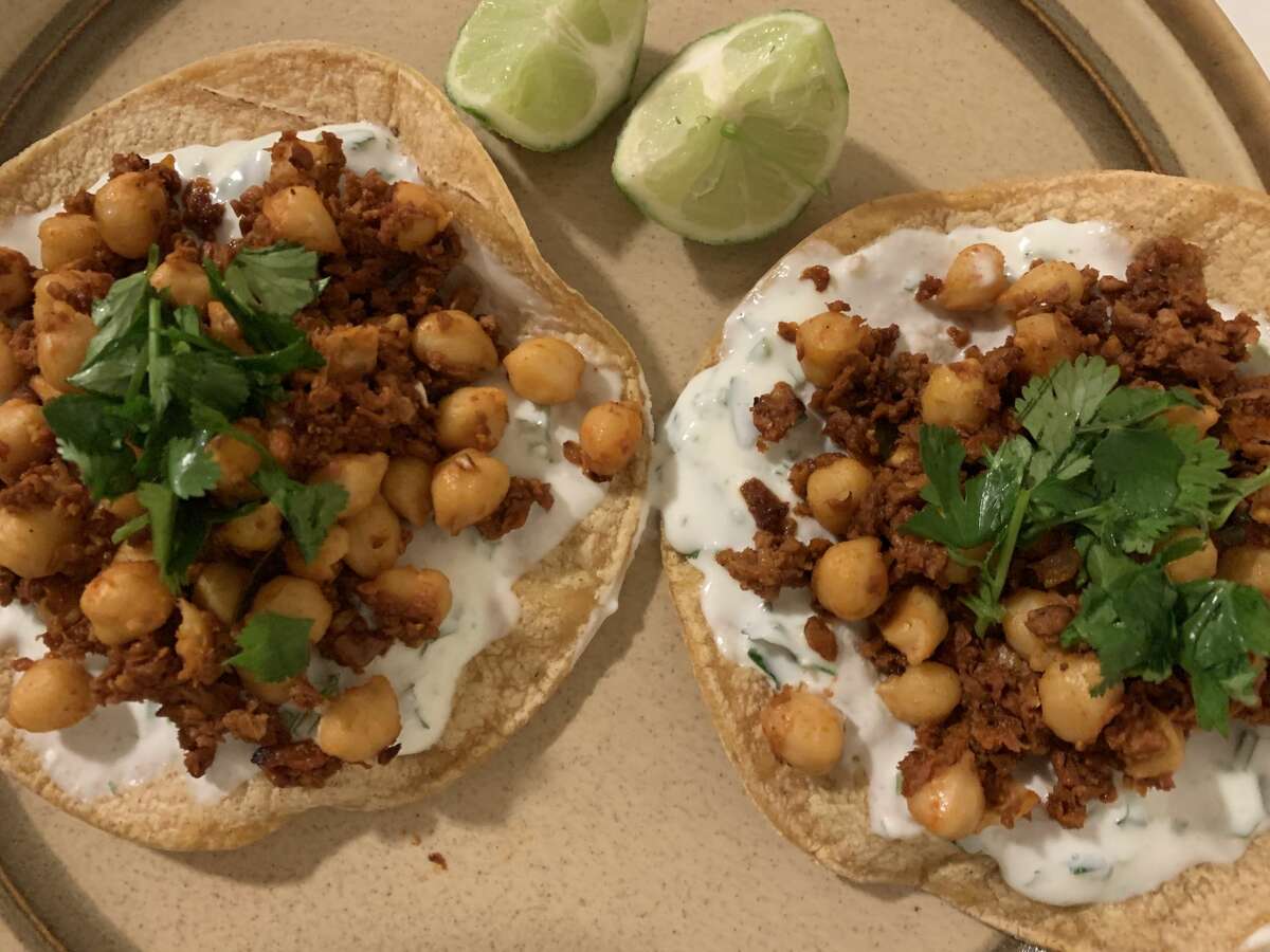 Homemade dish by Madeline: Chorizo chickpea tostadas from Bon Appetit made vegan, using soyrizo and vegan yogurt.