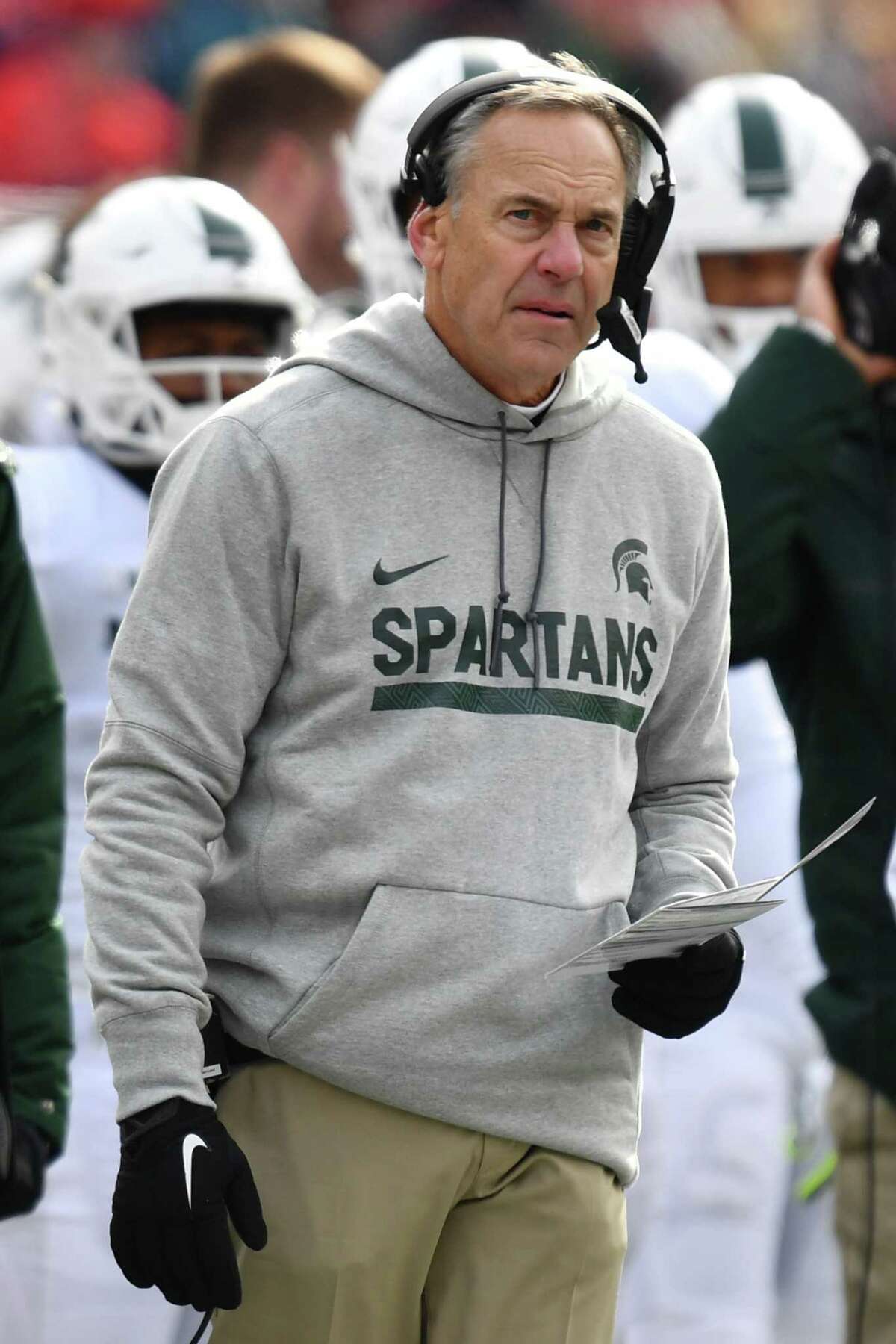COLUMBUS, OH - NOVEMBER 11: Head Coach Mark Dantonio of the Michigan State Spartans watches his team play against the Ohio State Buckeyes in the first quarter at Ohio Stadium on November 11, 2017 in Columbus, Ohio. Ohio State defeated Michigan State 48-3. (Photo by Jamie Sabau/Getty Images) ORG XMIT: 775056968