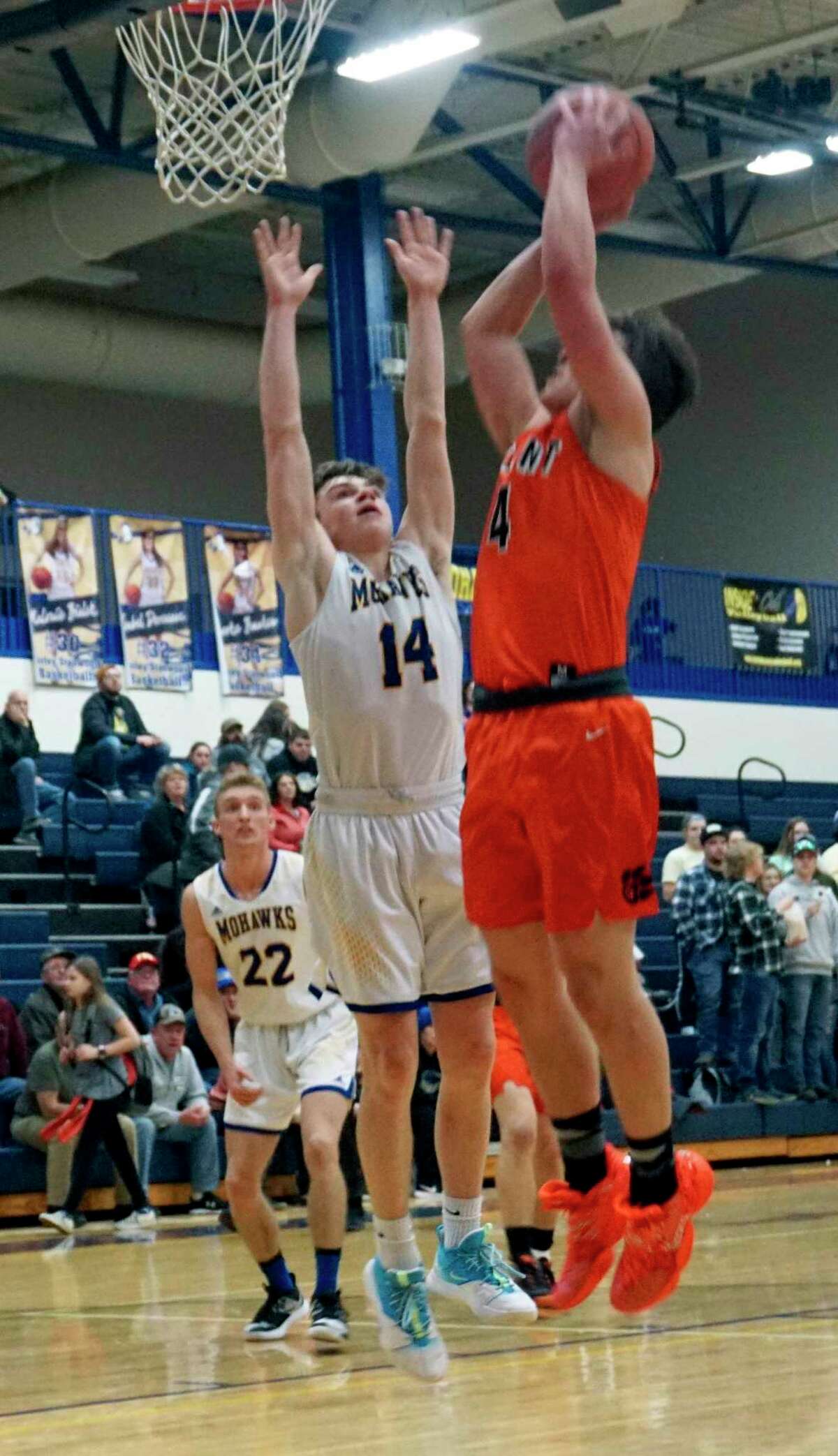 Morley Stanwood's Justin Cranney battles for a rebound in the Mohawk's home win. (Pioneer photo/Joe Judd)