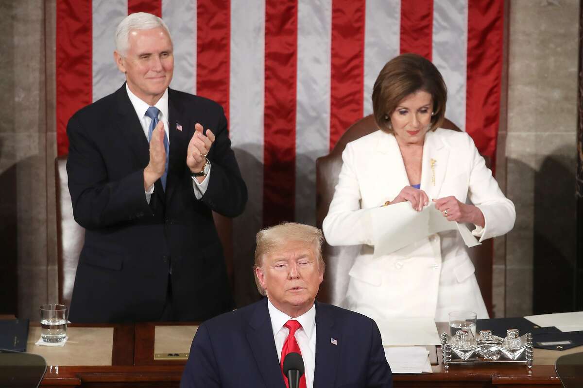 WASHINGTON, DC - FEBRUARY 04: House Speaker Rep. Nancy Pelosi (D-CA) rips up pages of the State of the Union speech after U.S. President Donald Trump finishes his State of the Union address in the chamber of the U.S. House of Representatives on February 04, 2020 in Washington, DC. President Trump delivers his third State of the Union to the nation the night before the U.S. Senate is set to vote in his impeachment trial. (Photo by Mark Wilson/Getty Images)