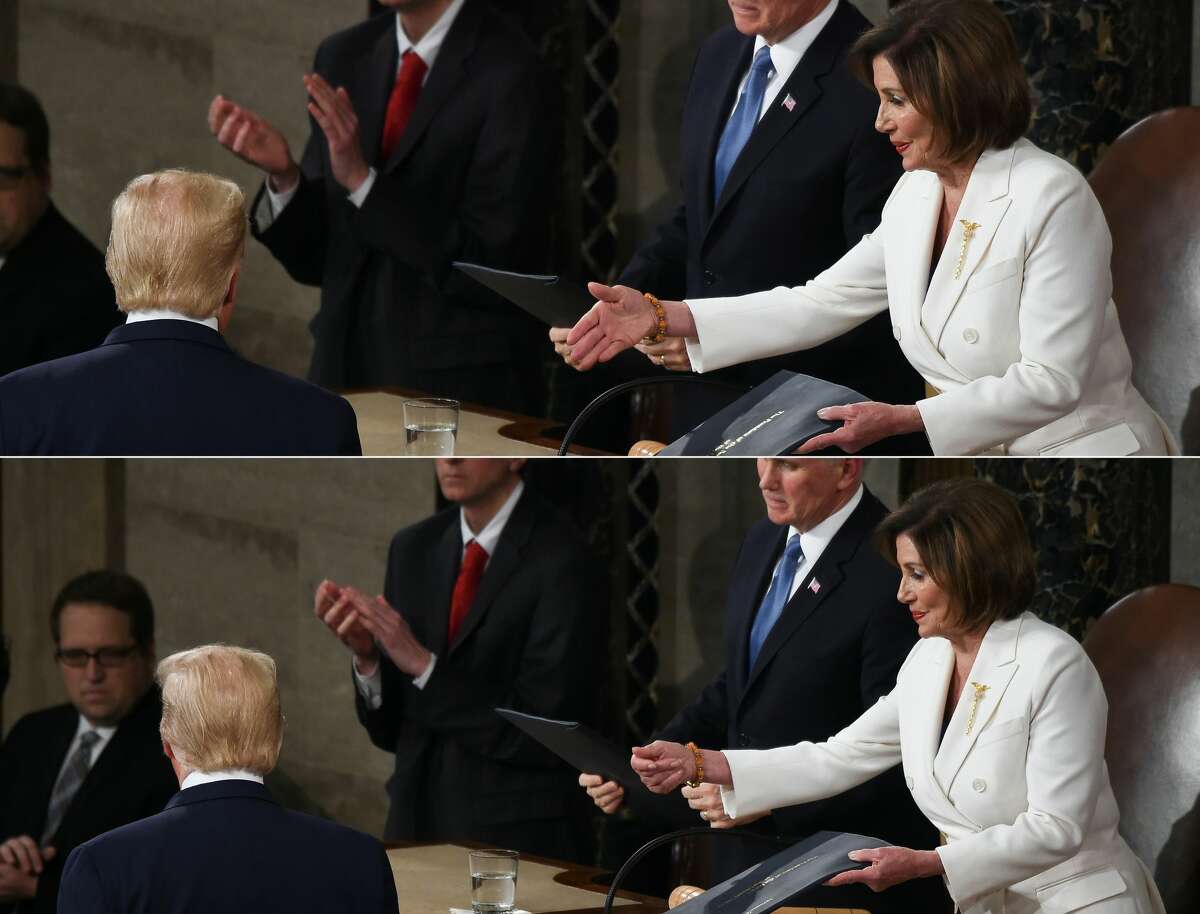 This combination of pictures created on February 04, 2020 shows Speaker of the US House of Representatives Nancy Pelosi extending a hand to US president Donald Trump ahead of the State of the Union address at the US Capitol in Washington, DC, on February 4, 2020; and Speaker of the US House of Representatives Nancy Pelosi extends a hand to US president Donald Trump ahead of the State of the Union address at the US Capitol in Washington, DC, on February 4, 2020.