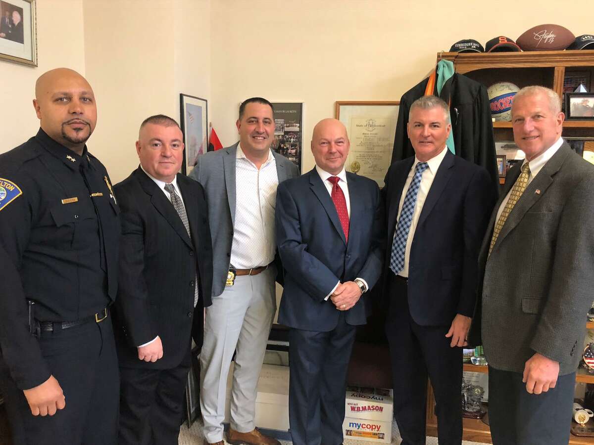 The Shelton Police Department has welcomed three new officers with a wealth of experience. On Tuesday, Feb. 4, Mayor Mark Lauretti swore in Kevin Stratton, Carlos Vinhais and Richard Van Tine, all retired state troopers with more than 20 years in law enforcement. Pictured are, left to right, police Chief Shawn Sequeira, Vinhais, police Lt. Michael McPadden, Van Tine, Stratton and Lauretti.