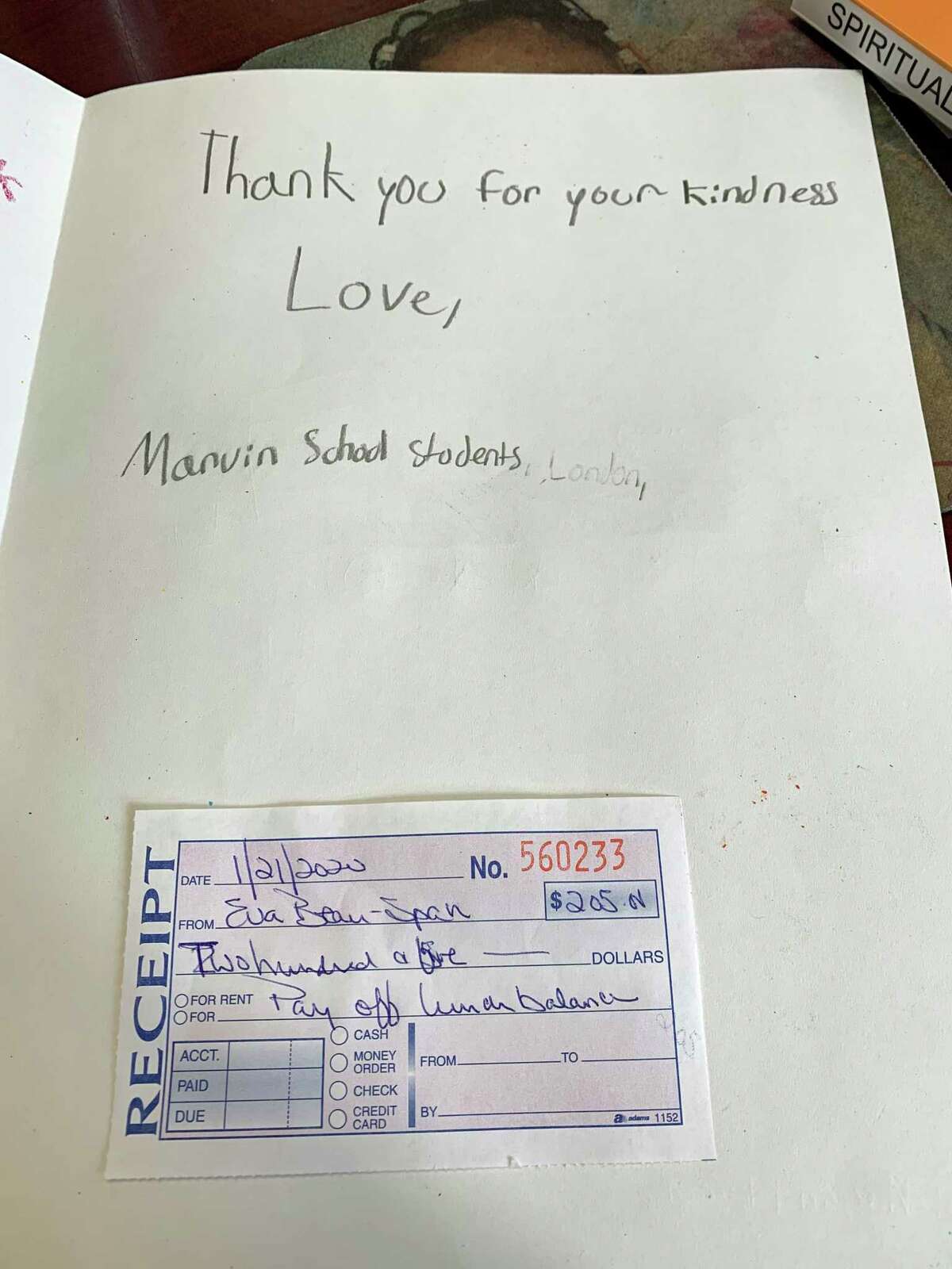 A thank you note from Marvin Elementary School students to Eva Beau-Span, who is working to eliminate Norwalk's student lunch debt.