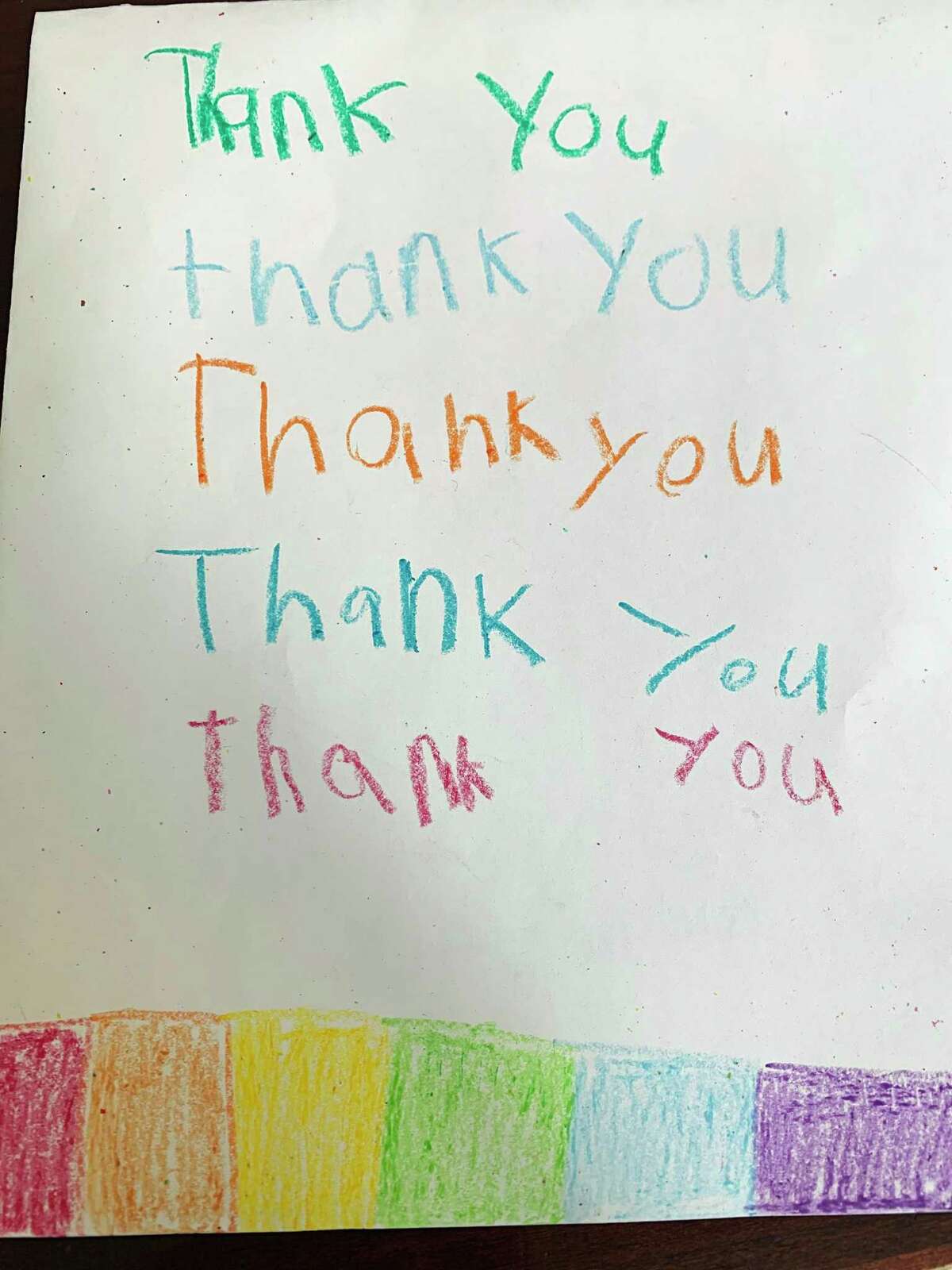 A thank you note from Marvin Elementary School students to Eva Beau-Span, who is working to eliminate Norwalk's student lunch debt.