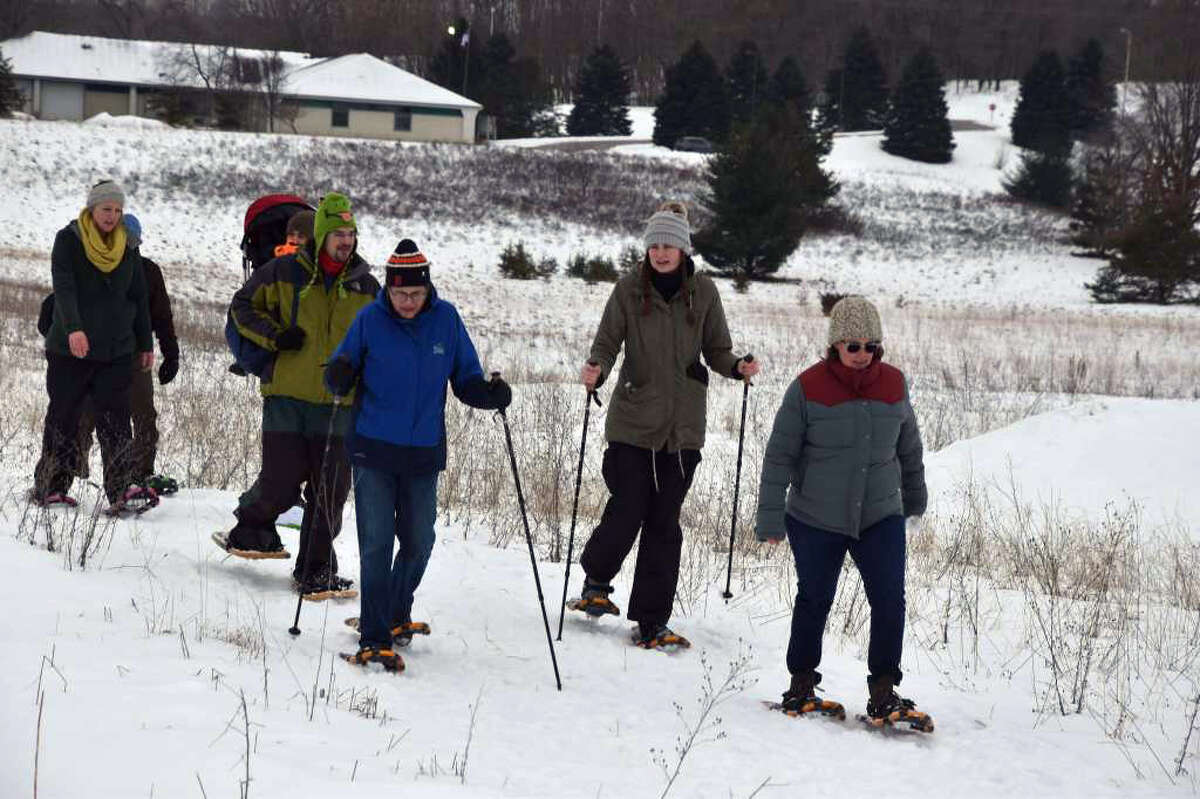 About 45 people signed up to walk in the Snowshoe Stampede that took place south of West Merkey Road in Manistee. The event also featured a chili cookoff, live music and a corn hole tournament at the Veterans of Foreign Wars building on 28th Street Saturday.