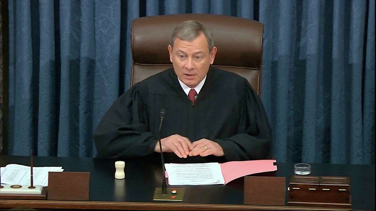 In this image from video, Chief Justice of the United States John Roberts speaks before the vote in the impeachment trial against President Donald Trump in the Senate at the U.S. Capitol in Washington, Wednesday, Feb. 5, 2020. (Senate Television via AP)