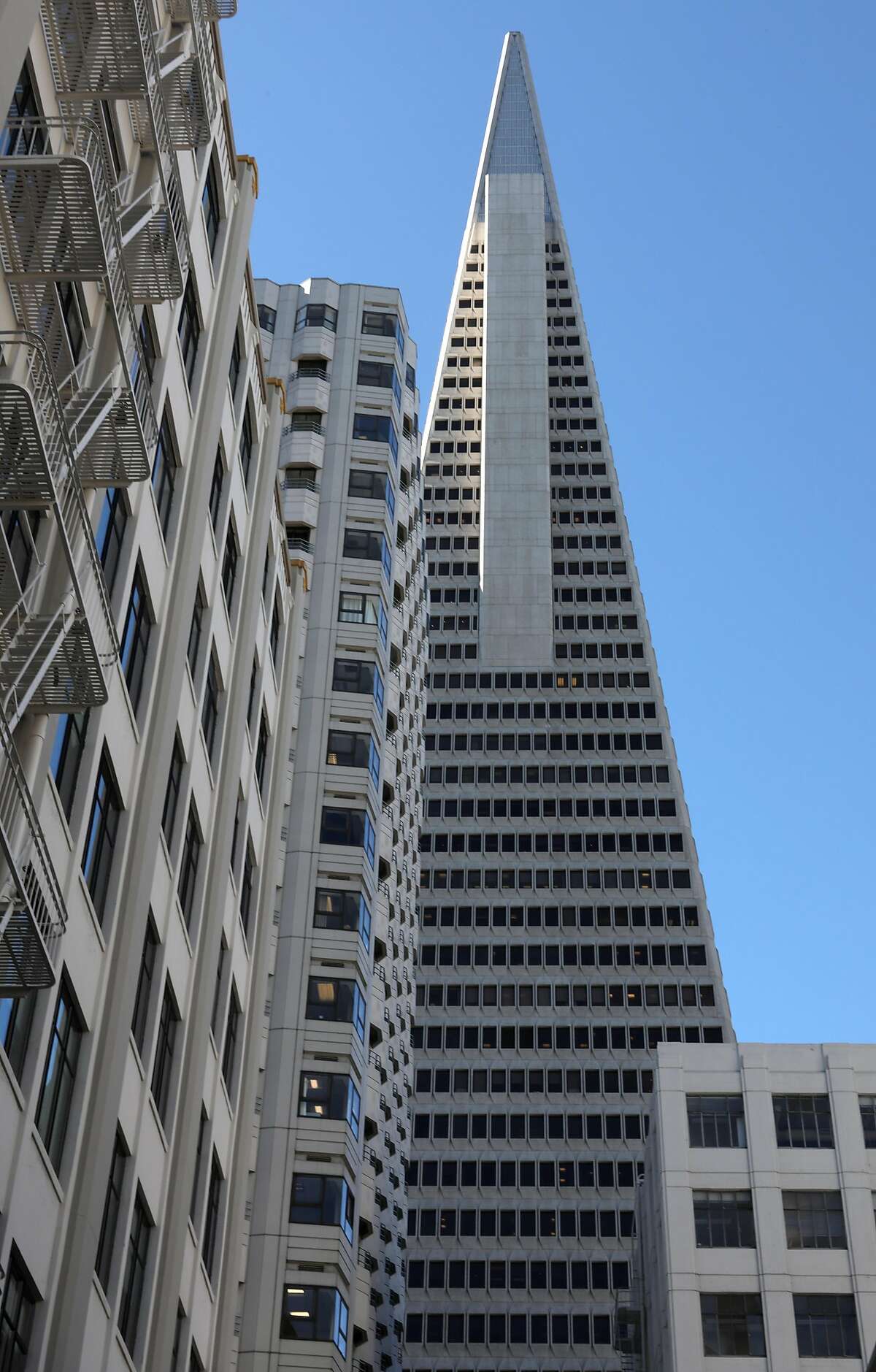 The Transamerica Pyramid (middle) with 505 Sansome St. (left of pyramid) and 545 Sansome St. (lower right of pyramid) are nearing a sale on Monday, Feb. 3, 2020, in San Francisco, Calif.