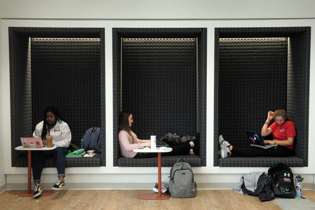 Students work in the Heckman Center, a new study area in the Wahlstrom Library at the University of Bridgeport, in Bridgeport, Conn. Feb. 5, 2020.