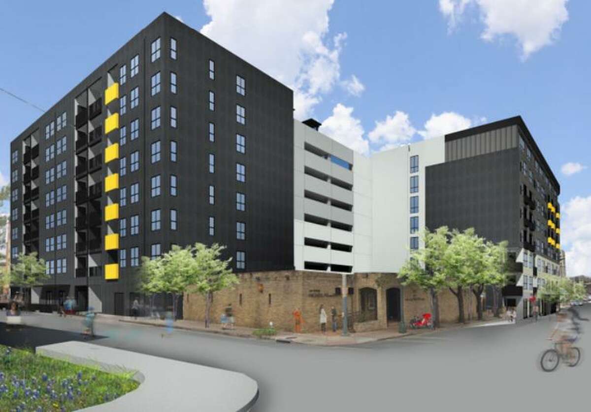 Renderings of St. John's Square, an 8-story, 252-unit complex planned for South St. Mary's and East Nueva streets in San Antonio.