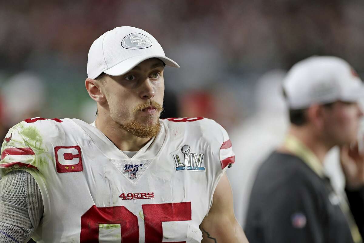 San Francisco 49ers tight end George Kittle (85) is seen on the sidelines against the Kansas City Chiefs at Super Bowl 54 on Feb. 2, 2020, in Miami Gardens, Fla. The Chiefs won the game 31-20. (AP Photo/Gregory Payan)