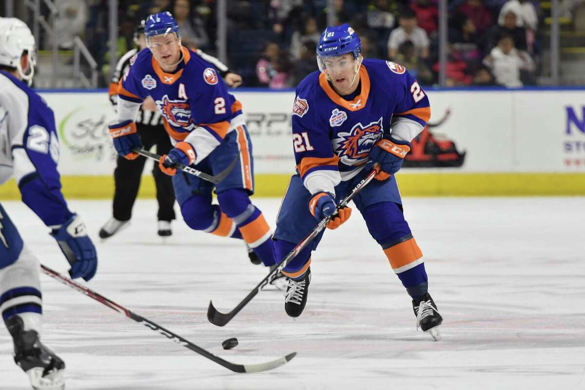 The Sound Tigers' Cole Bardreau (21) skates against the Syracuse Crunch on Wednesday, Feb. 5, 2020 at Webster Bank Arena in Bridgeport, Conn.