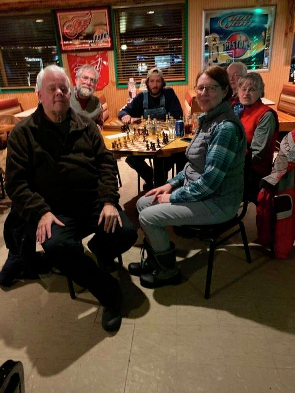 Chess players meet in competition at 6 p.m. every Tuesday at Barski, 4016 M-37, two miles north of Baldwin, and every Wednesday at 5 p.m. in Irons at Jackie's Place, 6016 W. 10 1/2 Mile Rd. Pictured from left are John Kuderski, of Brethern; Dave Gendler, Joshua Elie and Linda Schulman, of Irons; and George and Rose McLaughlin of Manistee. (Submitted photo)