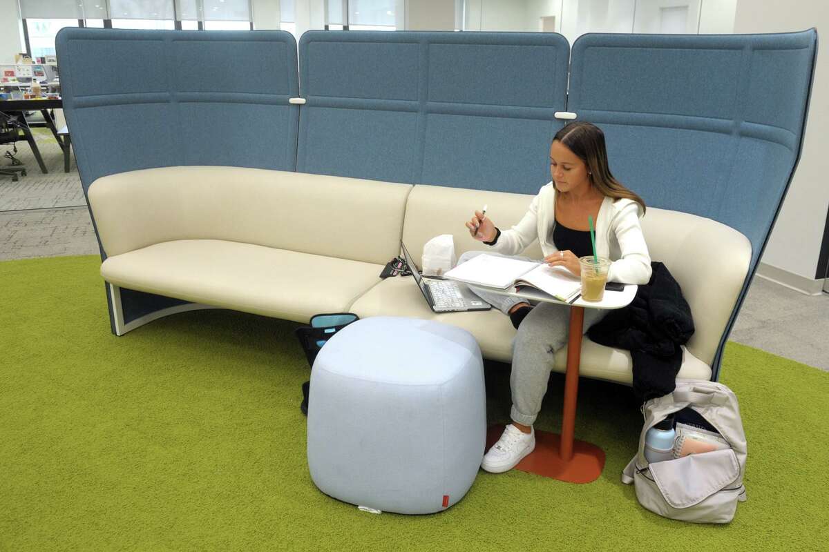 Rachel Watcke, a senior industrial arts major from Shelton, works in the Heckman Center, a new study area in the Wahlstrom Library at the University of Bridgeport, in Bridgeport on Wednesday.